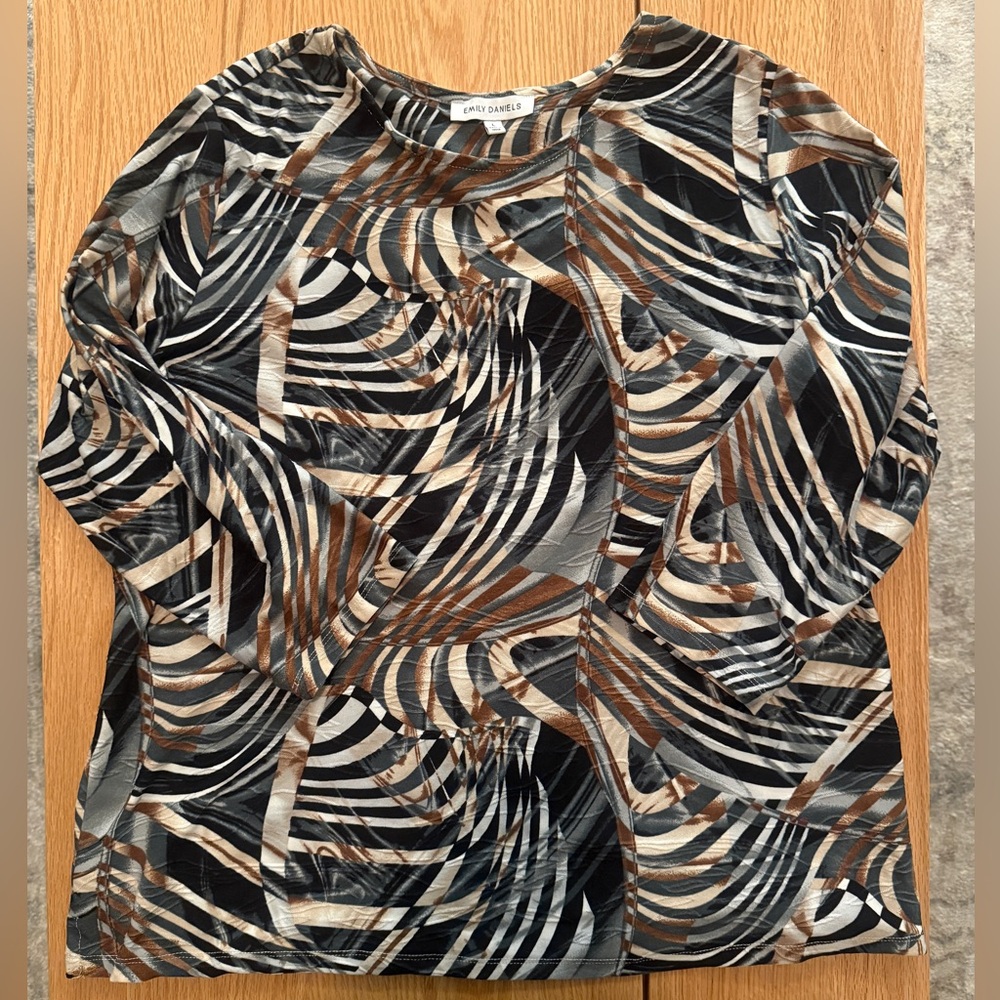 Emily Daniels Abstract Print Top L 3/4 Sleeve Stretch Blouse Work Casual